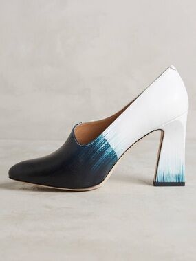 White and Teal Ombre Leather Block Heel Pumps